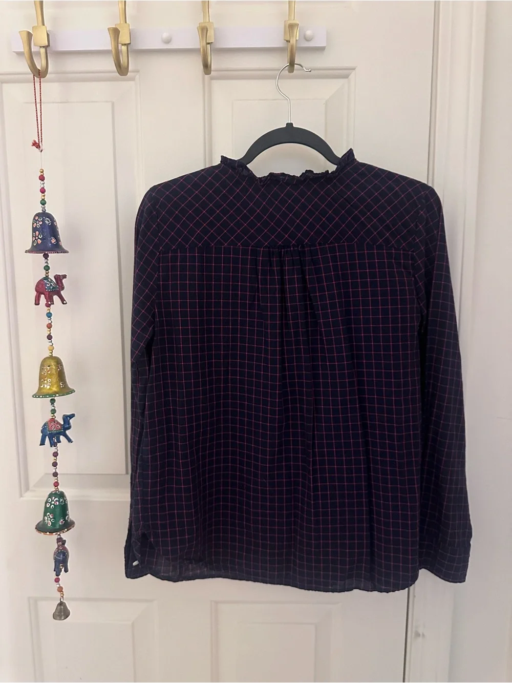 J. Crew Navy Long-Sleeve Check Blouse with Ruffle Collar